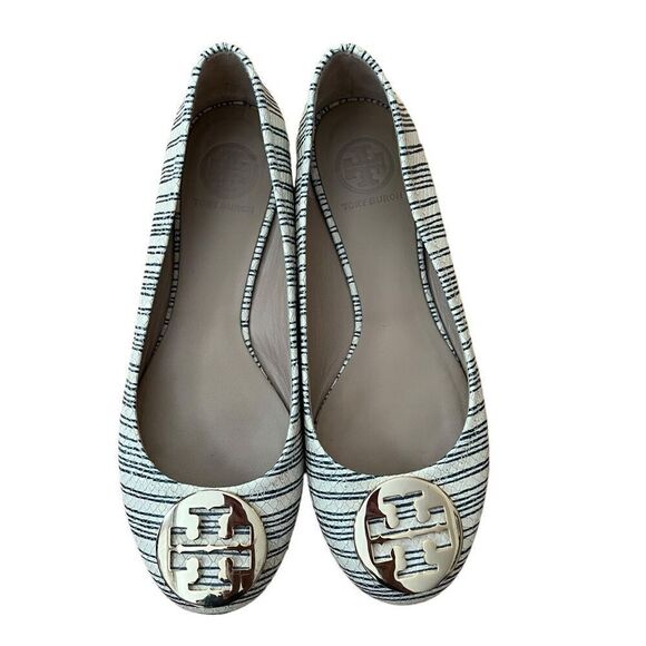 Tory Burch Reva Stripe Ballet Flat Beige Blue Snakeskin Size 8 - Picture 2 of 9
